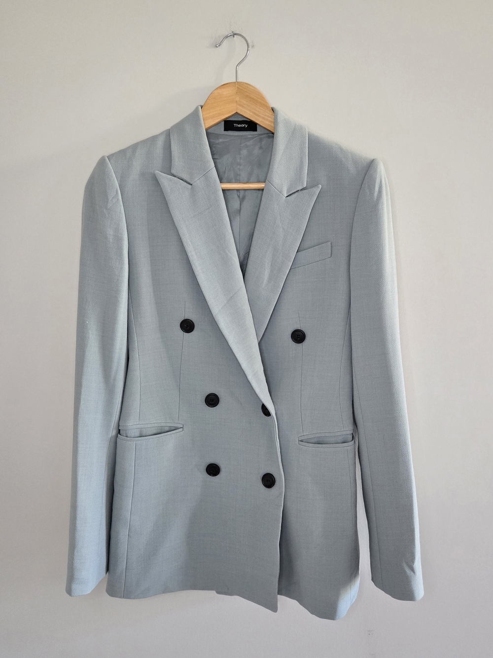 Theory sage green/gray virgin wool blend double breasted blazer, tailored jacket